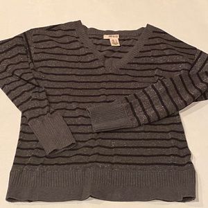DKNY Jeans Petite Gray Striped V-Neck Sweater Lurex Size Large